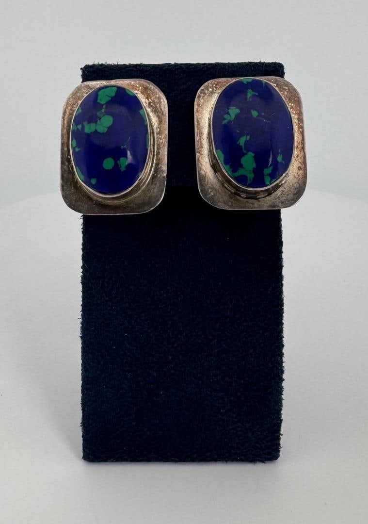 Taxco Mexico Sterling Silver Azurite Earrings: 1" by 3/4". Azurite and Malachite.