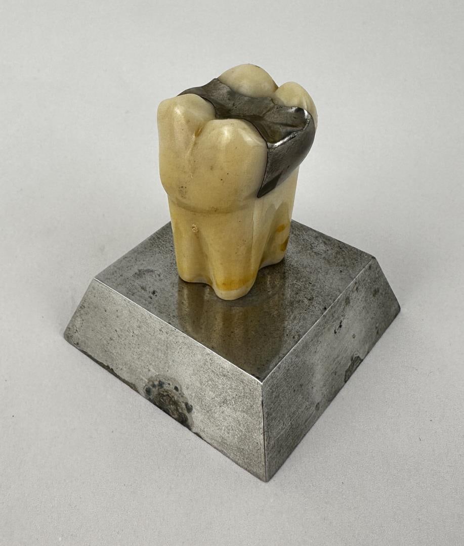 TC Alloy Salesman Sample Tooth Paperweight Dentist: 2 1/4" tall by 2" square. Caulk's Dental Alloy. Dento Form Columbia Dental & X-Ray Corp.