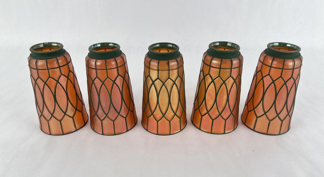 Arts & Crafts Harry Northwood Lamp Shades: Five total. 6 1/2" tall by 3 3/4" in diameter. Macbeth Evans Irdile pattern shade.