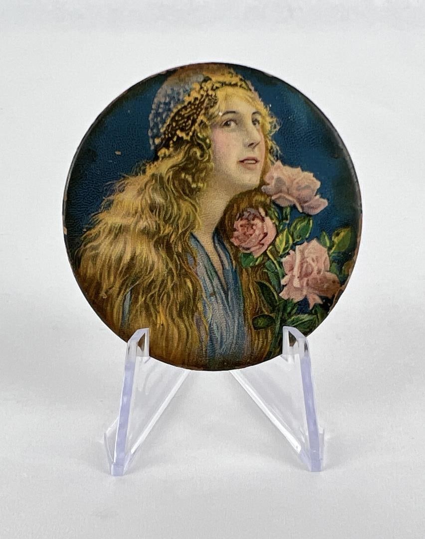Antique Girl With Flowers Pocket Mirror: 2" in diameter.