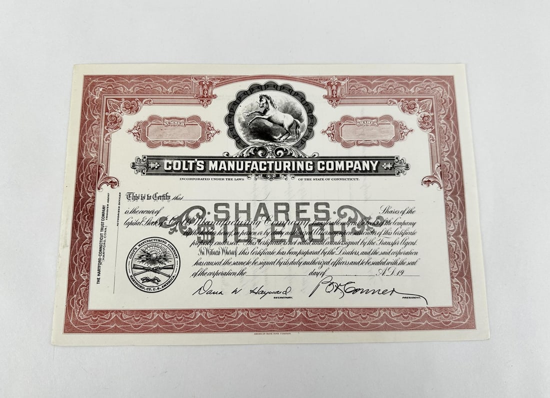 Colt's Manufacturing Company Stock Certificate (1 of 3)