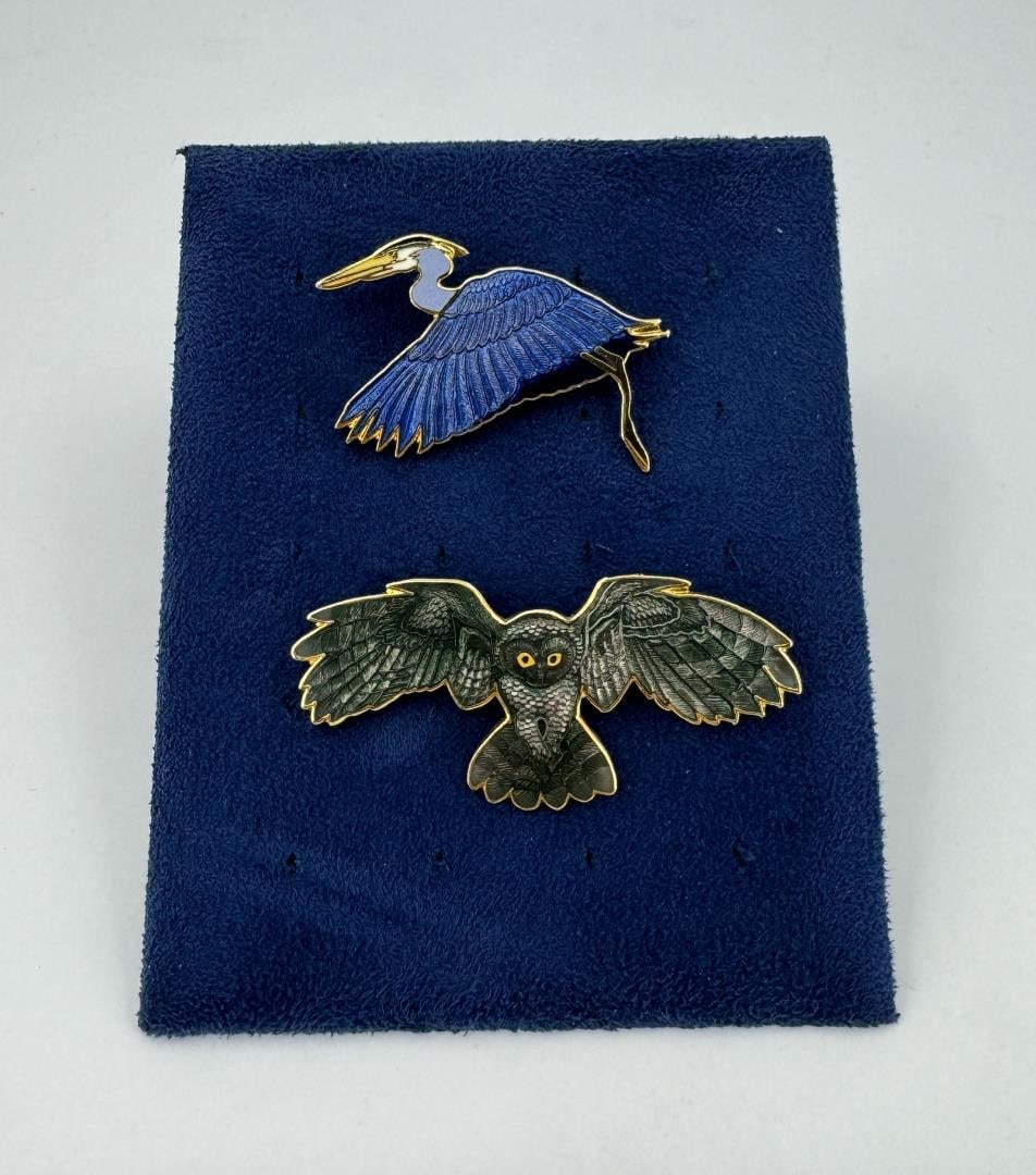 William Spear Great Blue Heron Brooch: Heron and Owl.
