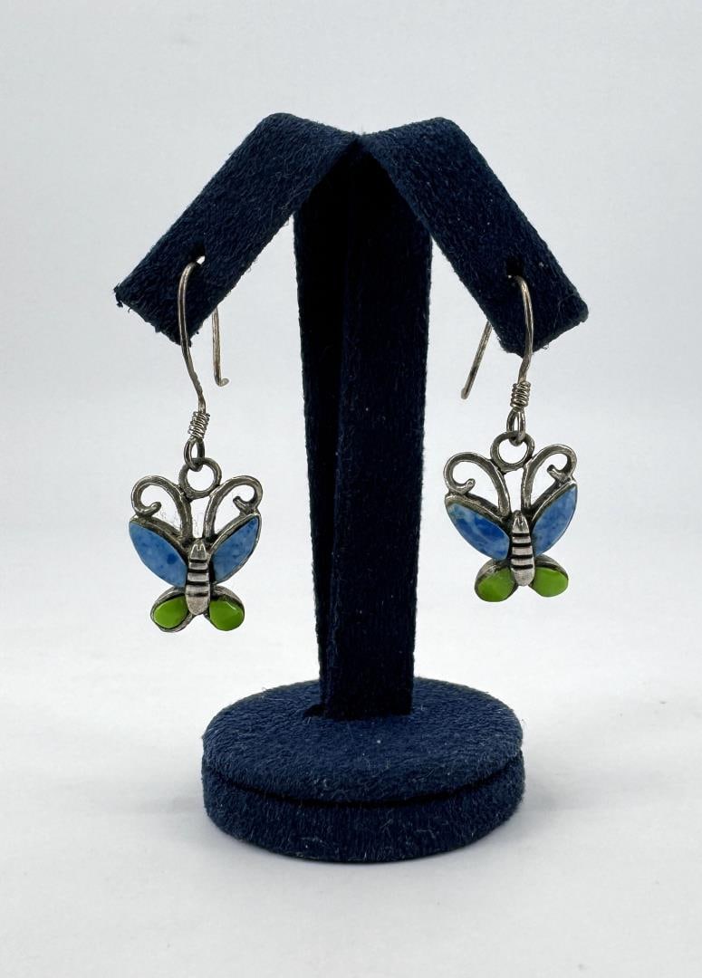 Sterling Gaspeite Sodalite Butterfly Earrings: 1 1/8" long.