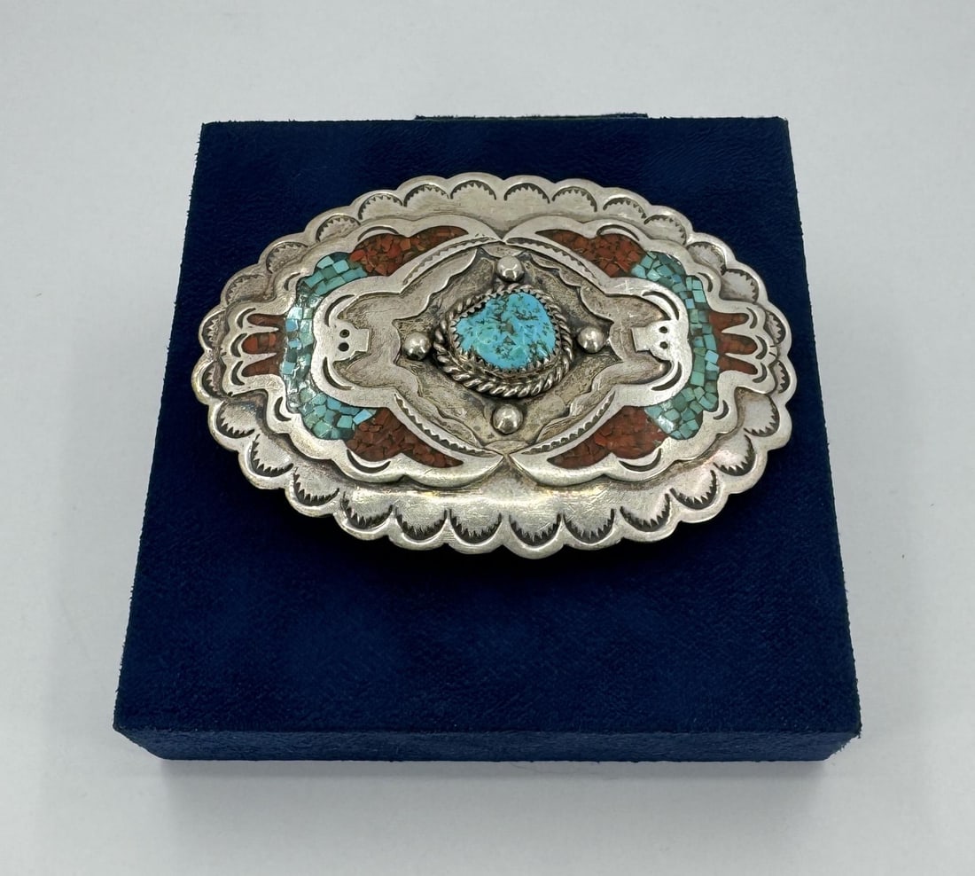 Navajo Sterling Silver Turquoise Belt Buckle HMIJ: HMIJ is Hand Made Indian Jewelry. 3 1/2" by 2 1/4". 56.66 grams