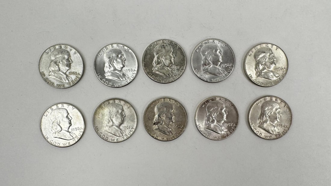 Ten Silver Franklin Half Dollars (1 of 7)