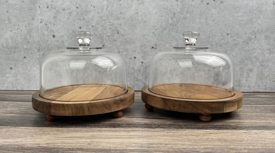 Mid Century Teak Cheese Trays: 6" tall by 7 1/2" in diameter.
