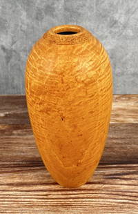 Michael Lee Hawaii Carved Box Elder Wood Vase: 7 1/4" tall, 3 5/8" diameter. Mike Lee is Hawaii born and raised, and it shows. An avid surfer and waterman, he gets a lot of the inspiration for his wood carving from the ocean. An excellent and