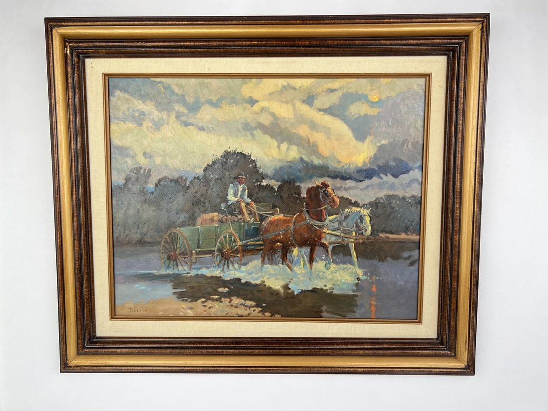 Sheryl Bodily Oil on Board Painting: Title is Fording the River. 20" by 24" framed. Sheryl L. Bodily (Born 1936) is active/lives in Montana, Idaho. Sheryl Bodily is known for Western frontier scene painting, wildlife, horses. A western w