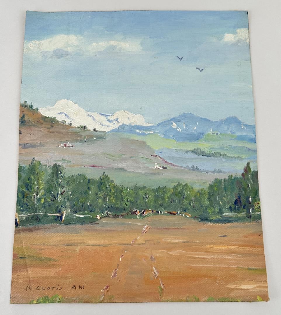Henry Curtis Ahl Jr Flagstaff Arizona Painting: Title is Towards Humphreys Peak near Flagstaff Arizona. Oil on Canvas. 8" by 10". Henry Curtis Ahl, Jr. (1905 - 1996) was active/lived in Massachusetts, New Hampshire. Henry Ahl Jr is known for Landsc