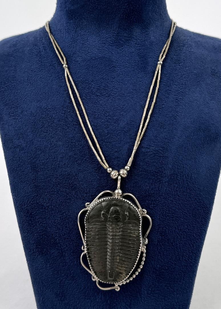 Navajo Sterling Silver Trilobite Fossil Necklace: 14" long.