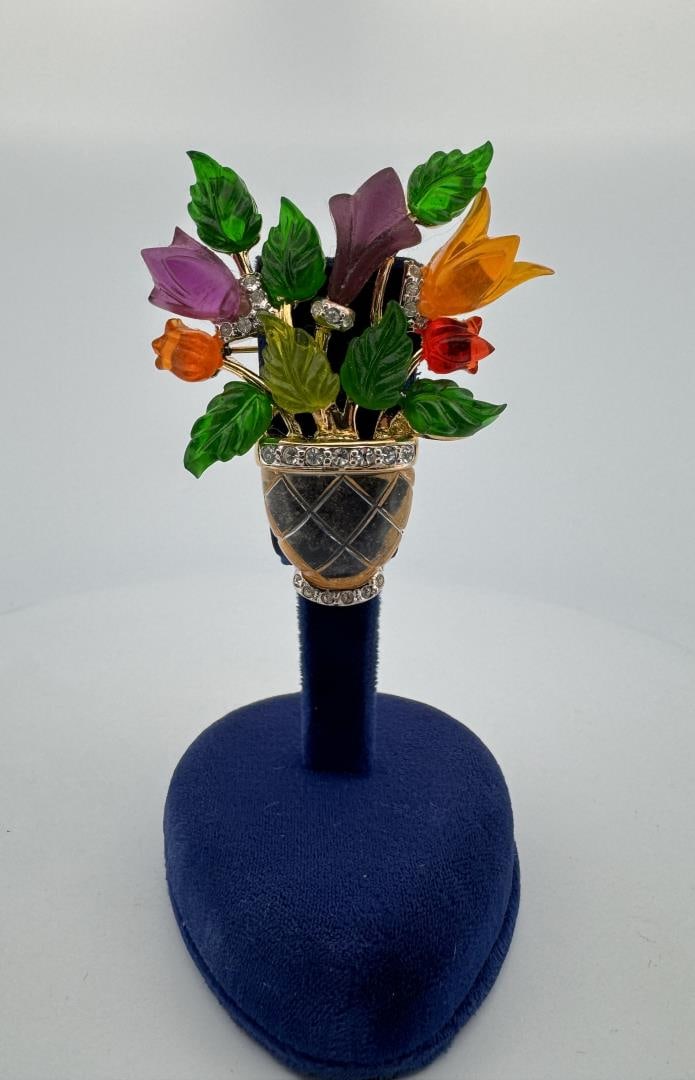 Joseph Cleary Lucite Tulip Basket Brooch: 2" by 1 5/8".