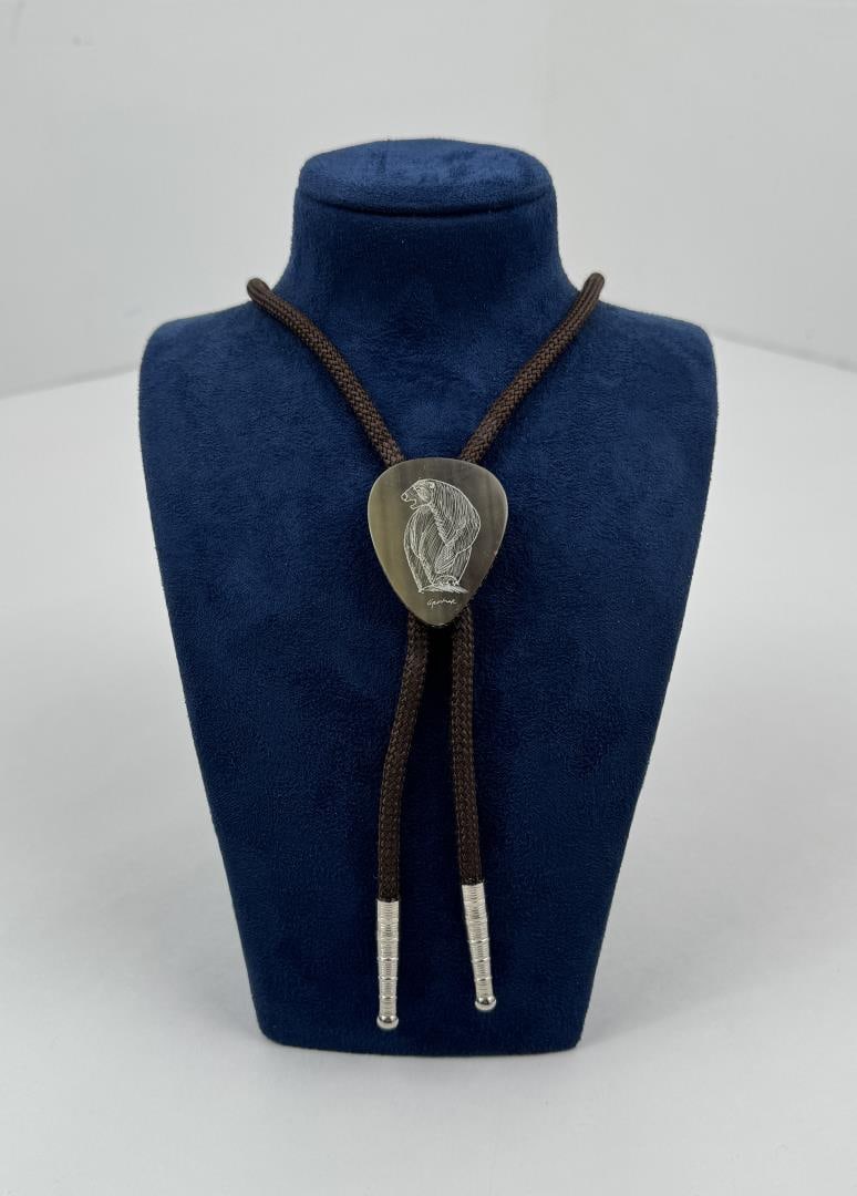 Alaskan Inuit Eskimo Polar Bear Bolo Tie: Scrimshaw Baleen. 16" long.