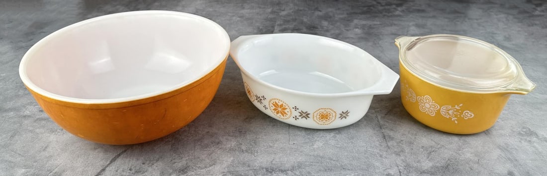 Collection of Vintage Pyrex Bowls: Towns and Country and Butterfly Gold Patterns.