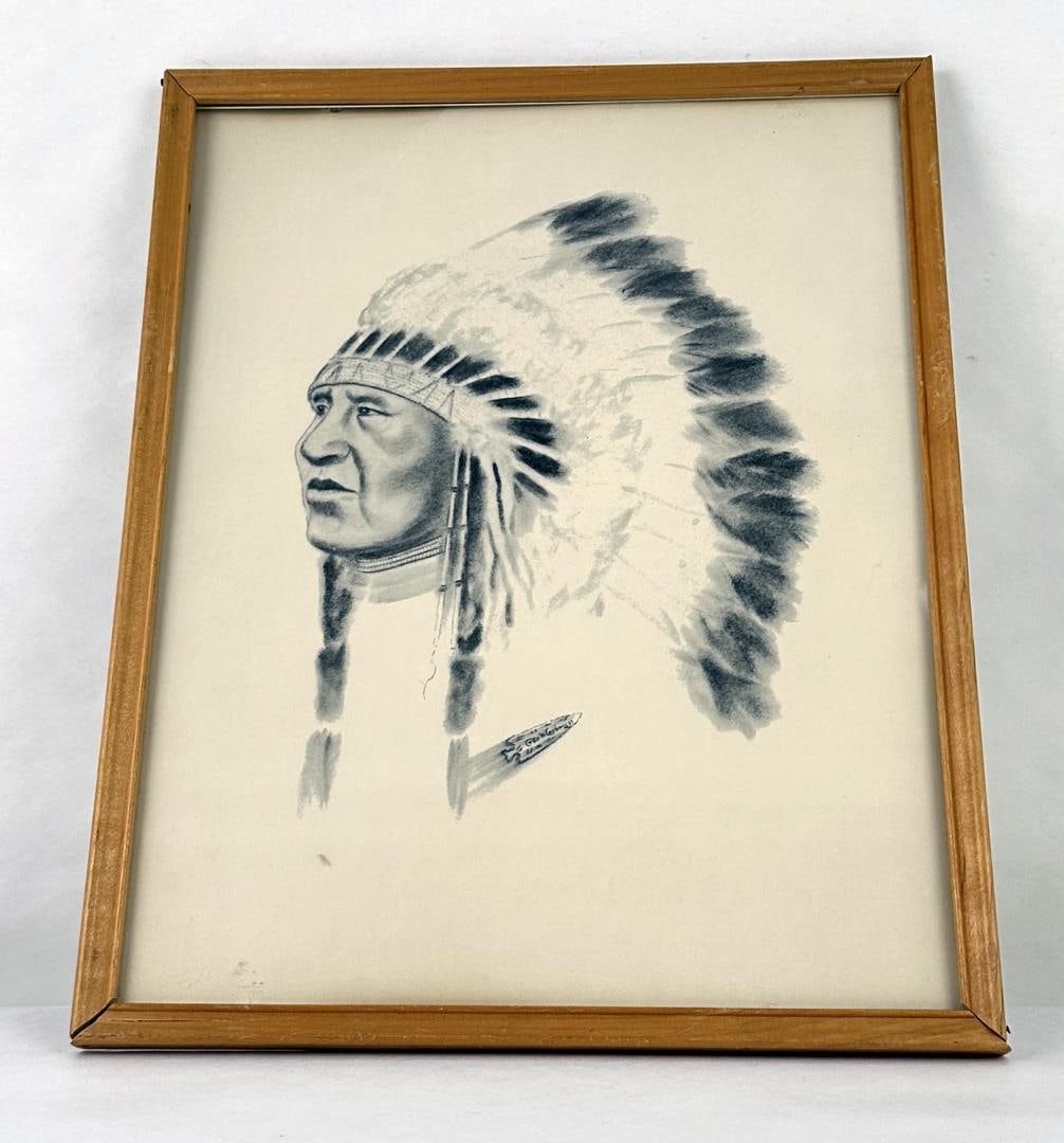 George McKee Cochran Indian Drawing: 11 3/4" by 14 7/8" framed. George McKee Cochran (1908 - 1990) was active/lived in Oregon, Oklahoma. George Cochran is known for Painter, cartoonist, illustrator, writer.