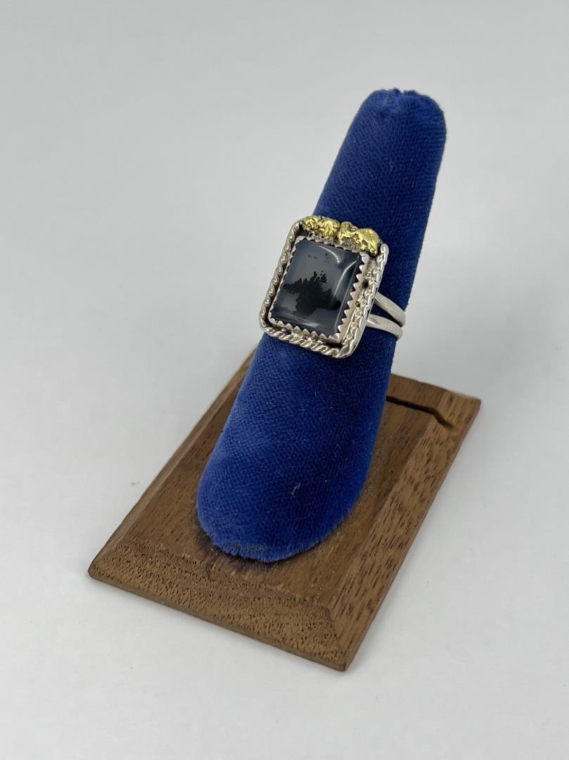 Navajo Sterling Silver Agate Gold Nugget Ring (1 of 7)