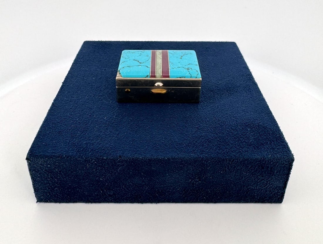 Zuni Inlaid Pill Box: Inlay has some chipping as shown. 1" by 1 1/2" by 5/8".