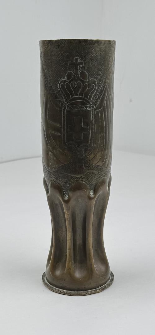 WW1 WWI Greece Trench Art Shell Vase: 10 3/4" tall by 3 1/2" in diameter.