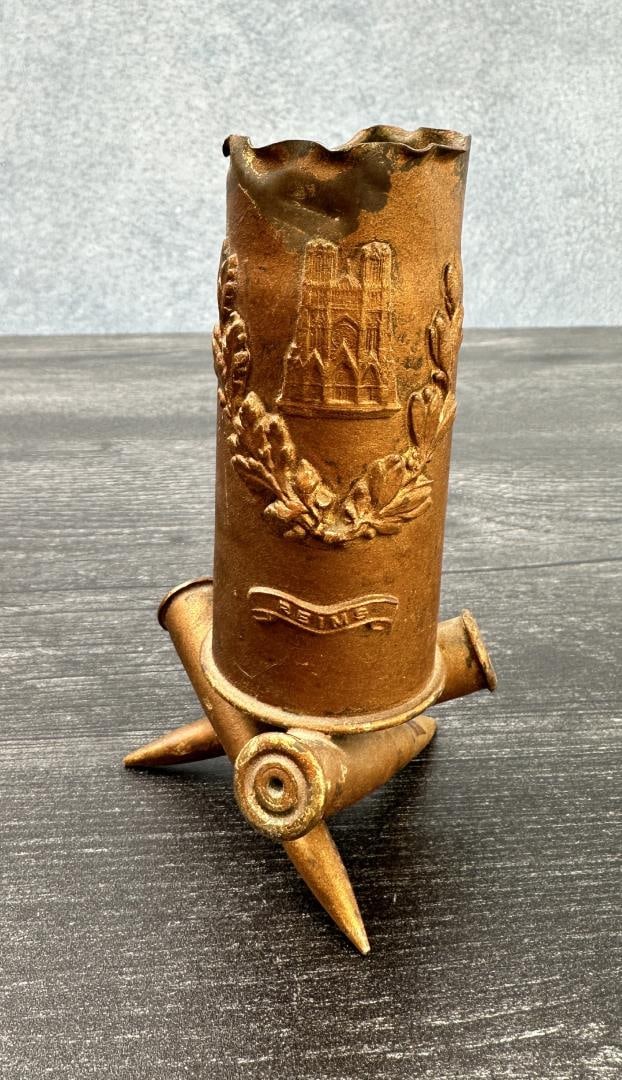 WWI WW1 Reims Trench Art Shell Casing: 5" tall by 2 3/4" across the base.