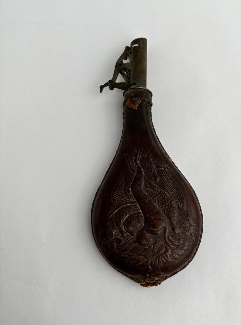 Antique Civil War Era Leather Shot Flask Bag: 7 3/4" long by 3 1/4" wide.