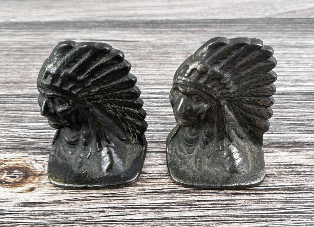 Cast Iron Indian Chief Head Bookends (1 of 5)