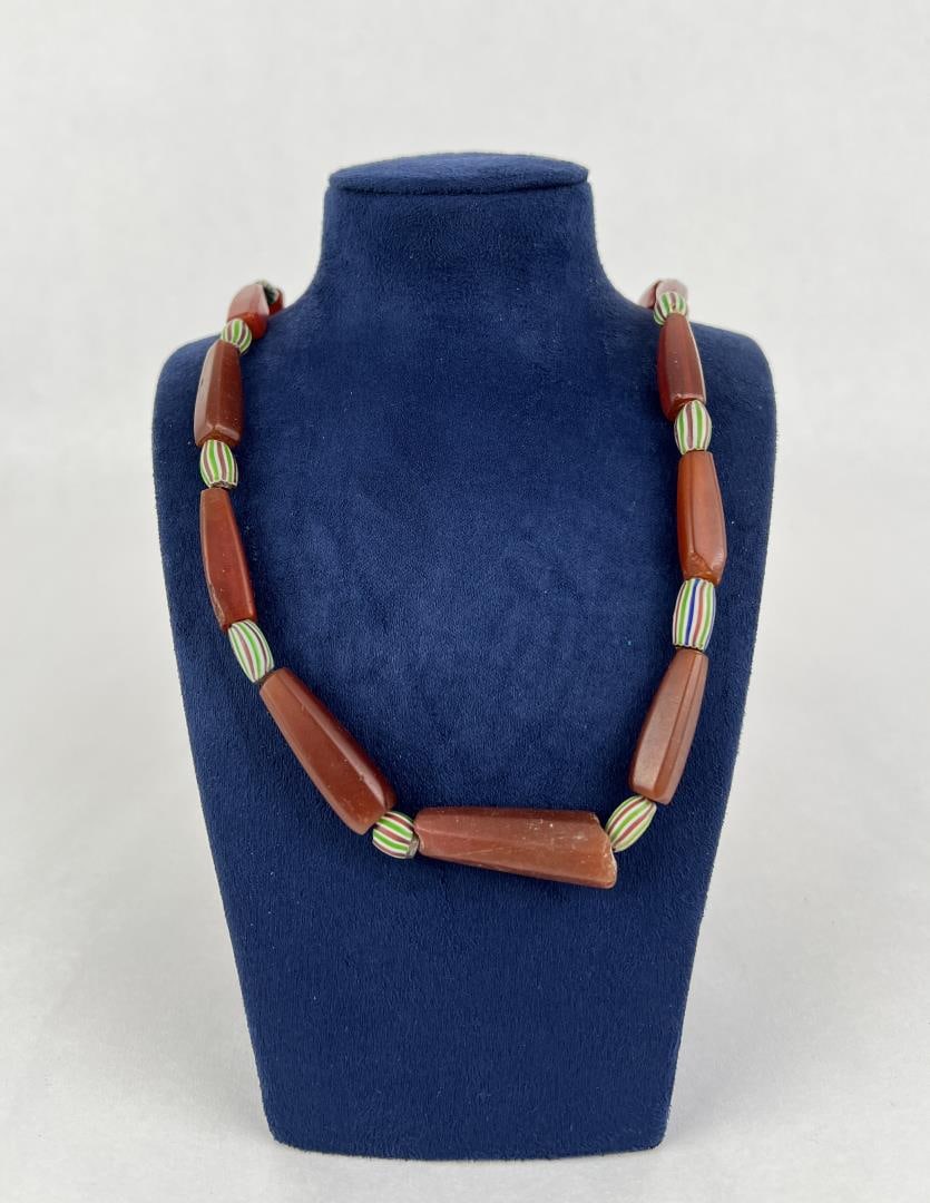 Native American Indian Trade Beads Carnelian: Nice old strand of beads. Also has multi color Chevrons. 16 5/8" long.