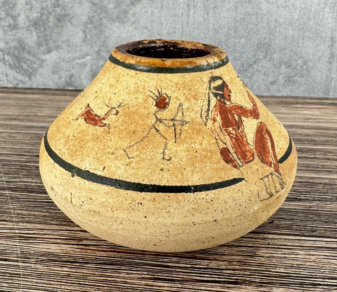 Handy Manufacturing California Indian Pot: Painted with Indian Pictograph Scene. 2 5/8" tall, 3 3/4" diameter.