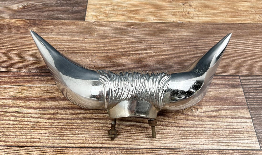 Chrome Bull Horn Hood Ornament: 10" by 5 1/8" by 2 1/4".