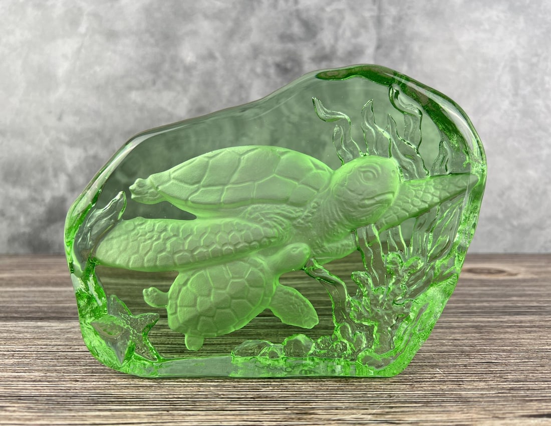 Signed Green Glass Turtle Paperweight: 6 7/8" by 5 1/8" by 1 1/2".