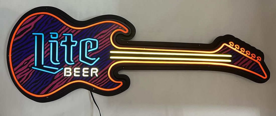 Miller Lite Beer Guitar Lighted Sign: 56" long, 20" wide.