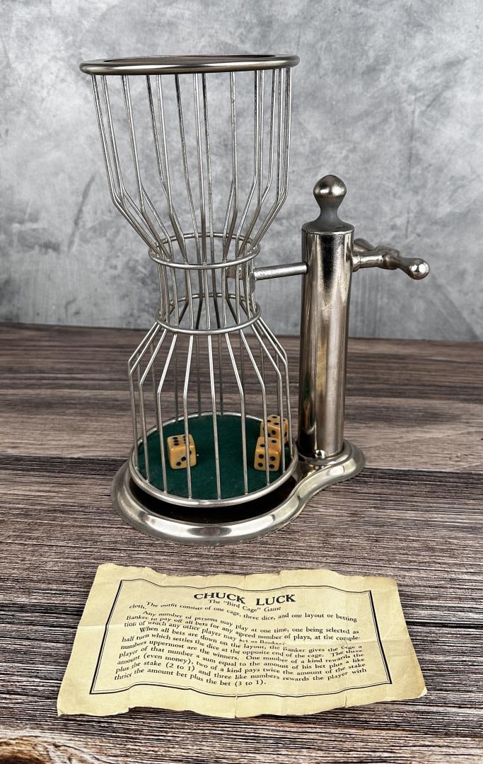 Butte Montana Chuck A Luck Gambling Device: Nice old Dice Cage with Instructions. As used in the Saloons of Butte Montana. 11 1/2" by 8 1/2" by 5 7/8".