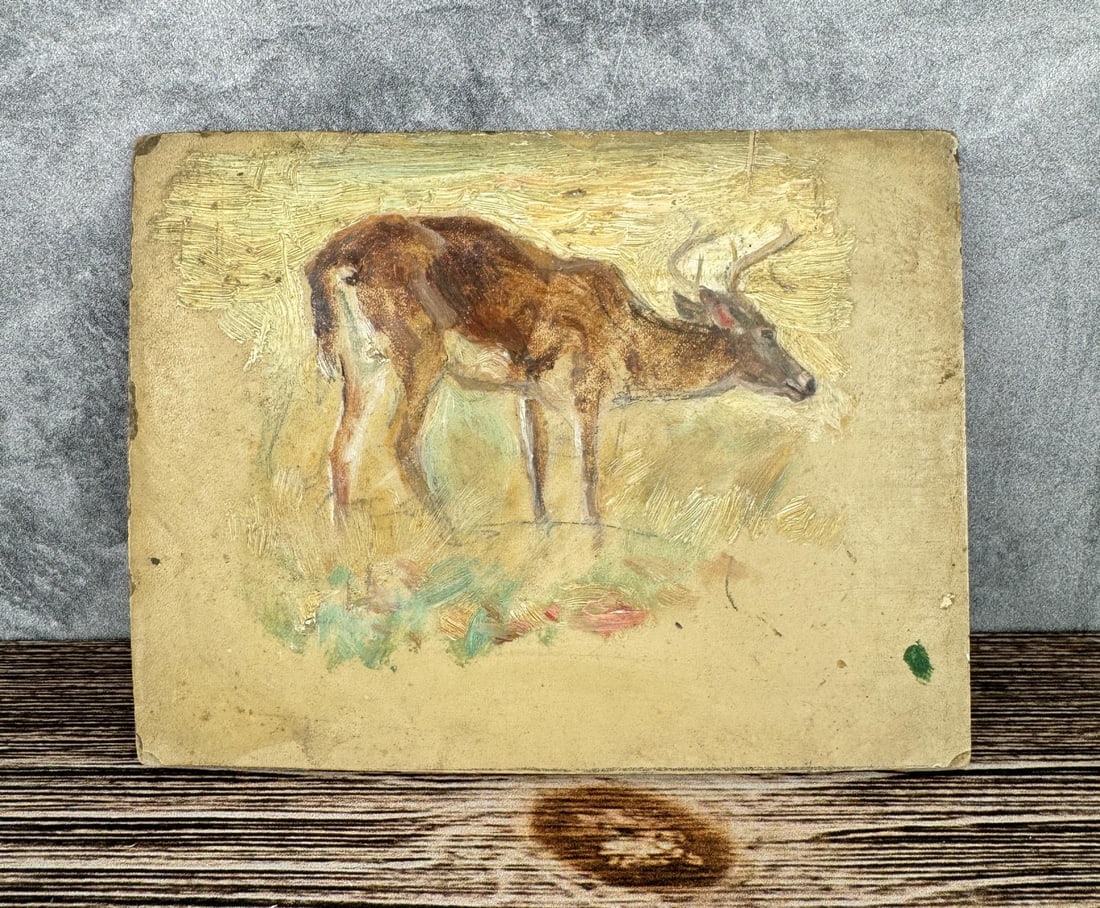 Philip Russell Goodwin Deer Oil on Board Painting: Title is Deer with Antlers. 4 1/2" by 6". Backlight reveals no inpaint or repair. Provenance: The Work of Philip Goodwin From the Collection of the Mamaroneck Public Library New York. The artist; T. R