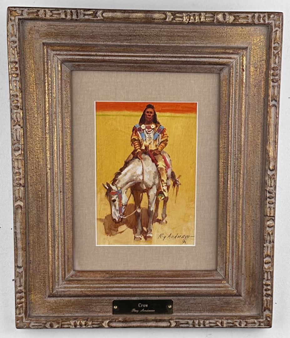 Roy Andersen Indian Oil on Board Painting: Title is Crow. 5" by 7" unframed, 12 1/2" by 15" framed. Roy H. Andersen (1930 - 2019) was active/lived in Arizona, New Hampshire. Roy Andersen is known for Indian-western genre, landscape, mural. Kno