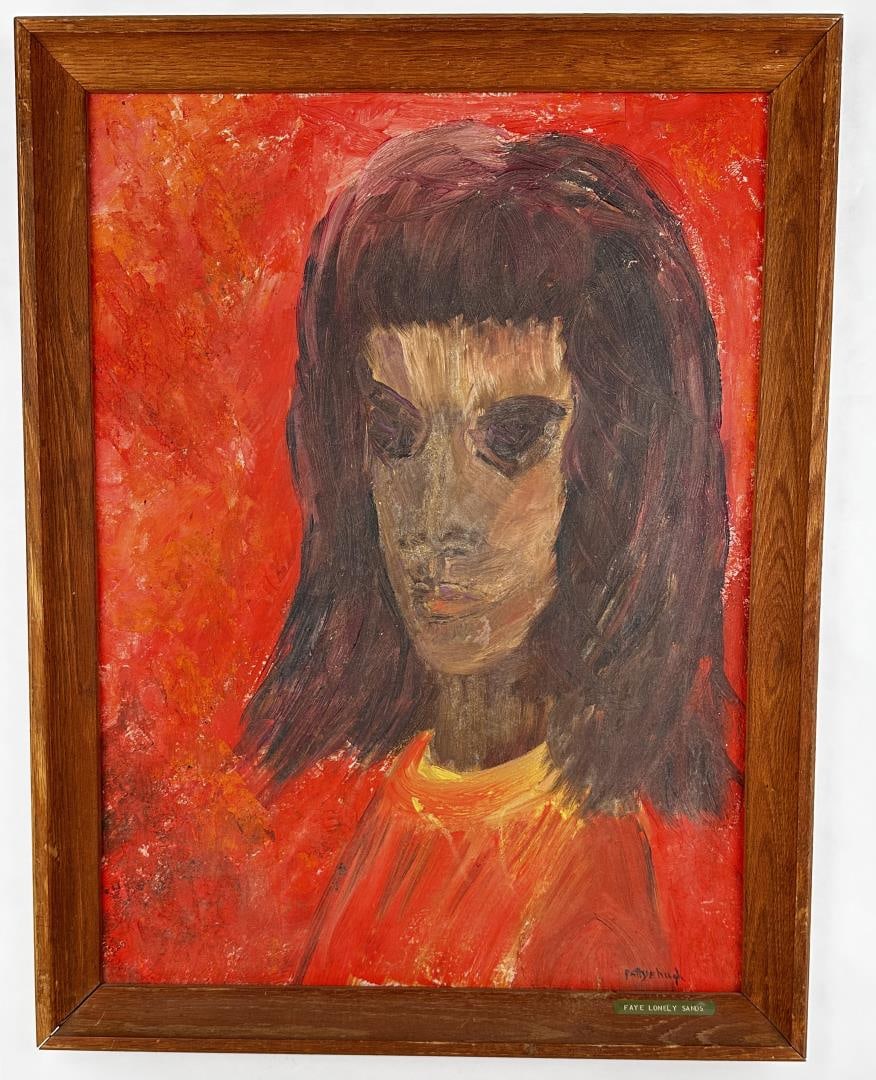 Pattye Hugh Hay Outsider Art Painting: 20 5/8" by 26 5/8" framed. Painting depicts Cherokee Indian Girl Faye Lonely Sands. The painting won 5th prize in a Boston art show in the 1960s. No more is known about the artist other than there is