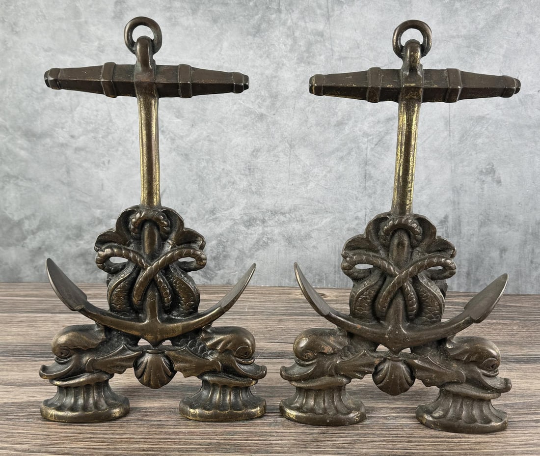 Antique Howes Double Dolphin Andirons: 16" tall.