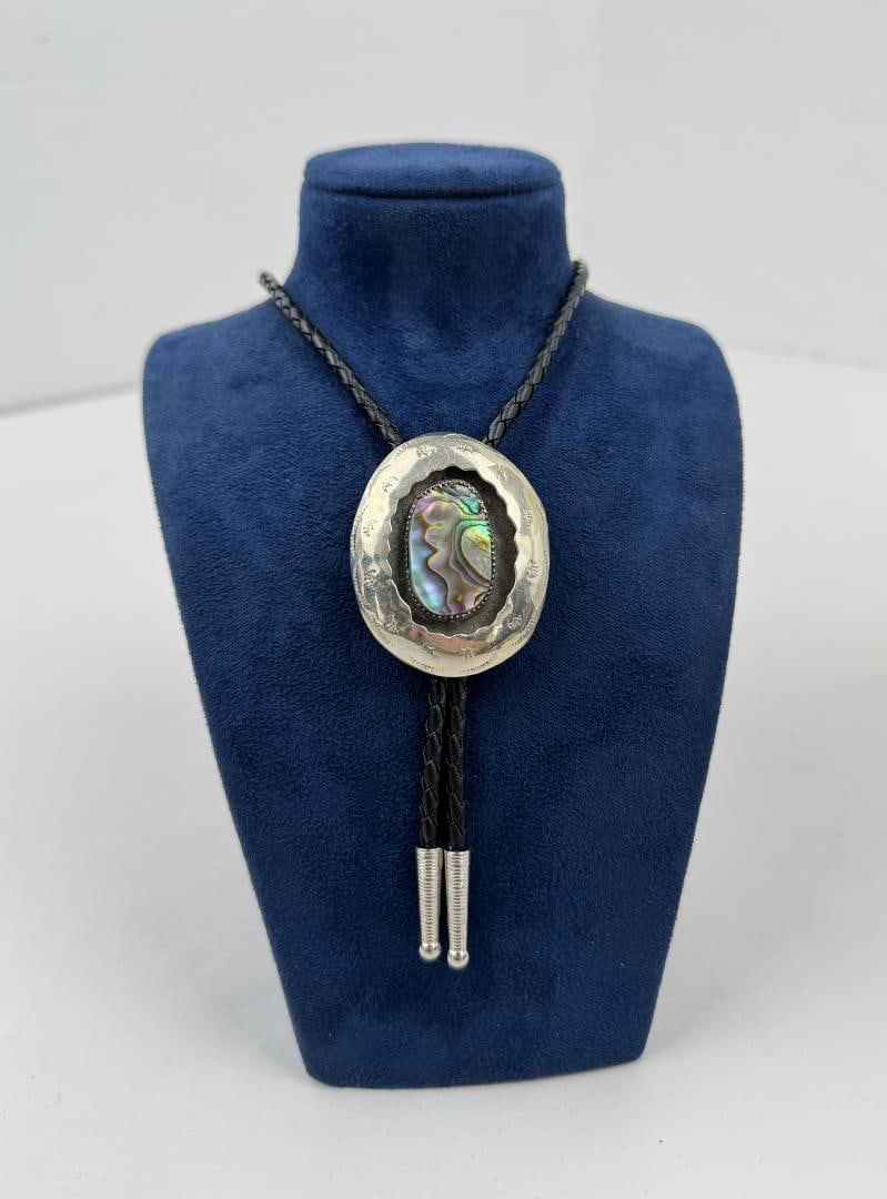 Abalone Navajo Bolo Tie: Nickel. 17 1/4" long.