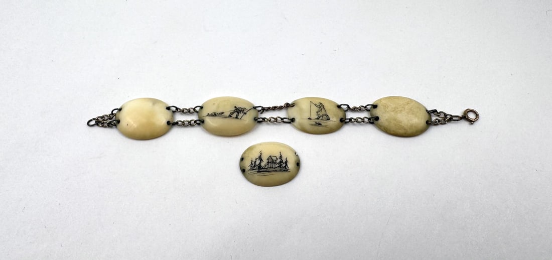 Scrimshaw Alaskan Inuit Eskimo Bracelet: Carved Walrus Material. 6" long.