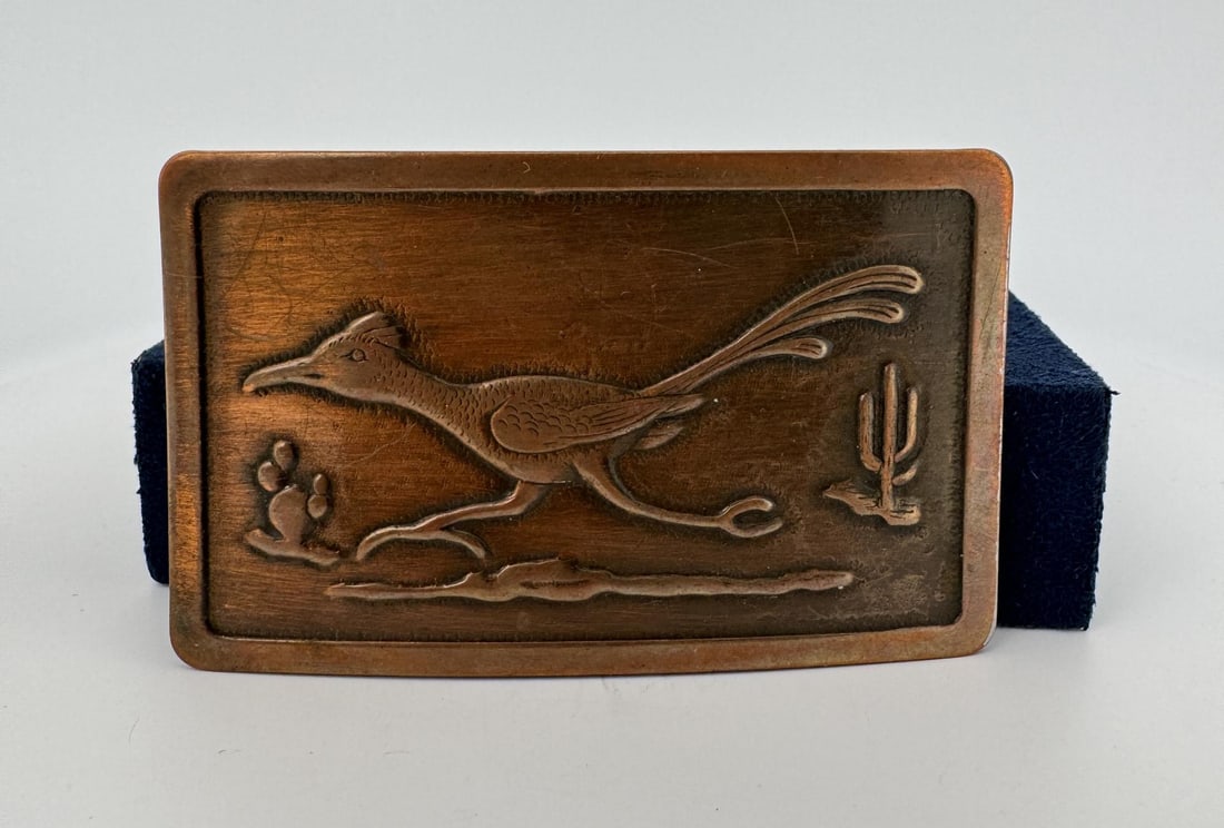 1950s Copper Cowboy Roadrunner Belt Buckle: 3" long.