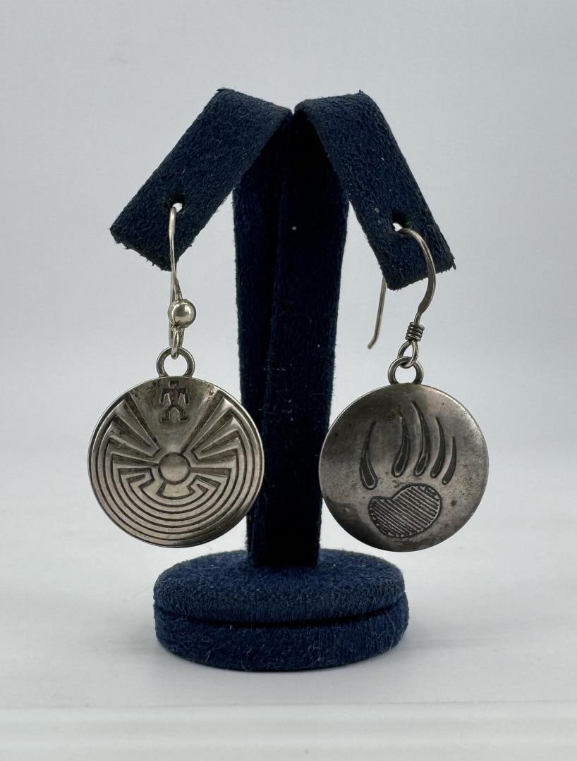 Navajo Sterling Silver Earrings: 7/8" long with hooks, 3/4" in diameter.