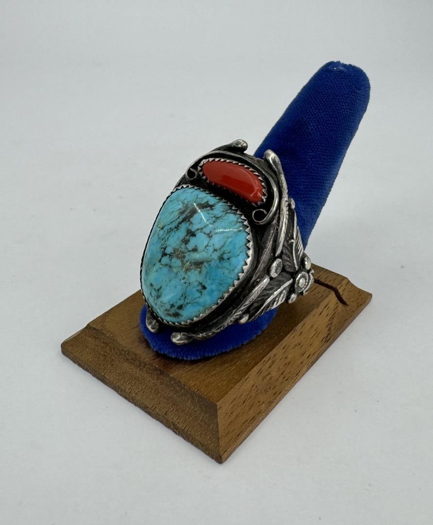 Navajo Sterling Silver Turquoise Coral Ring (1 of 4)