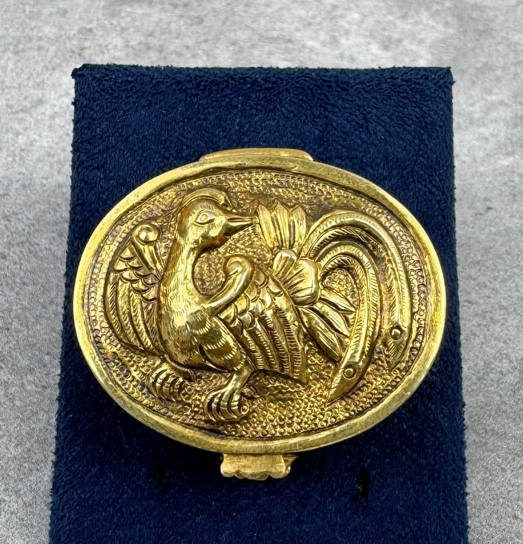 Antique Chinese Sterling Silver Pill Box: Gold Gilt. 1 1/4" by 1 3/8" by 5/8". 20.57 grams.