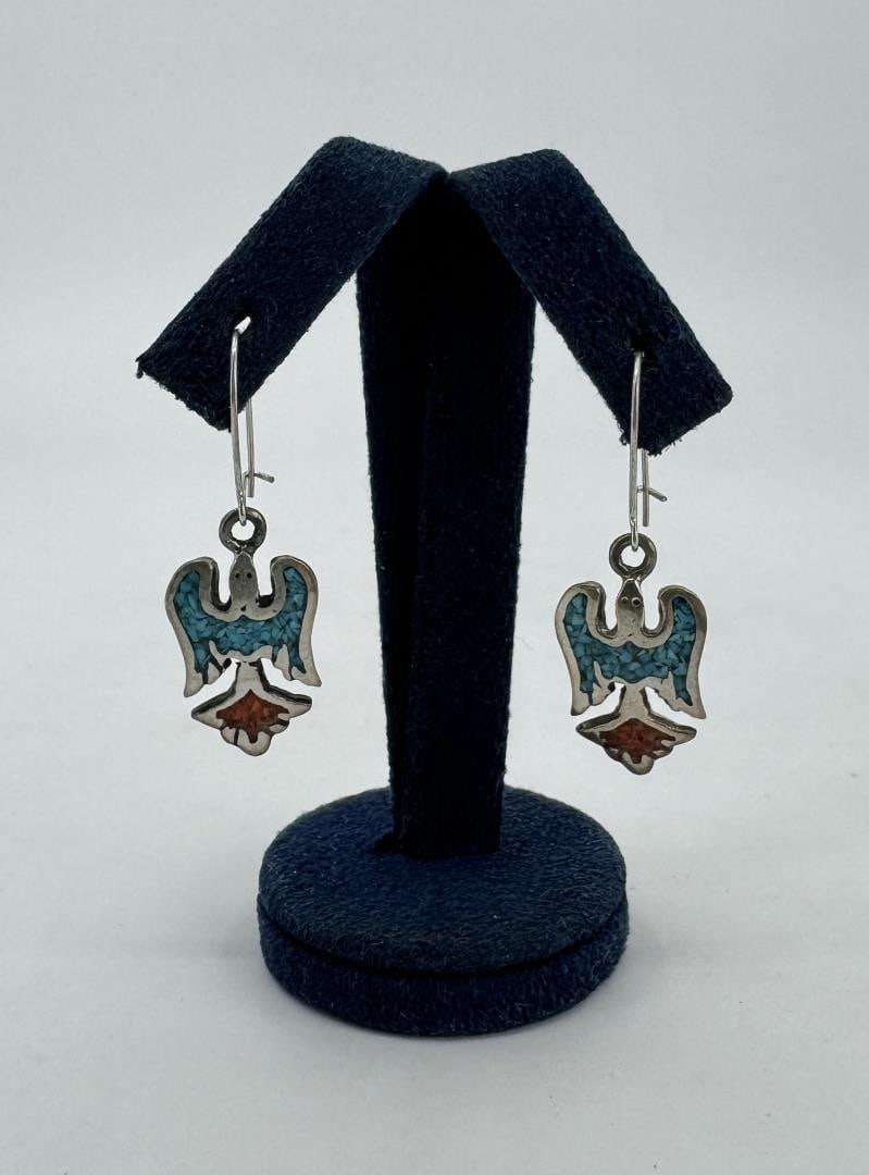 Zuni Chip Inlay Sterling Thunderbird Earrings (1 of 3)