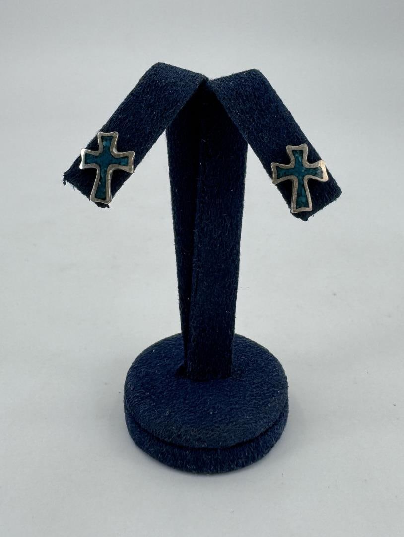 Zuni Chip Inlaid Sterling Silver Cross Earrings: 1/4" long.