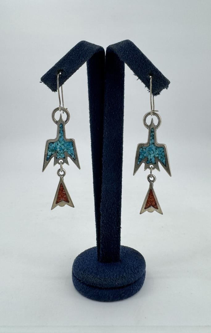 Zuni Chip Inlaid Sterling Thunderbird Earrings (1 of 4)