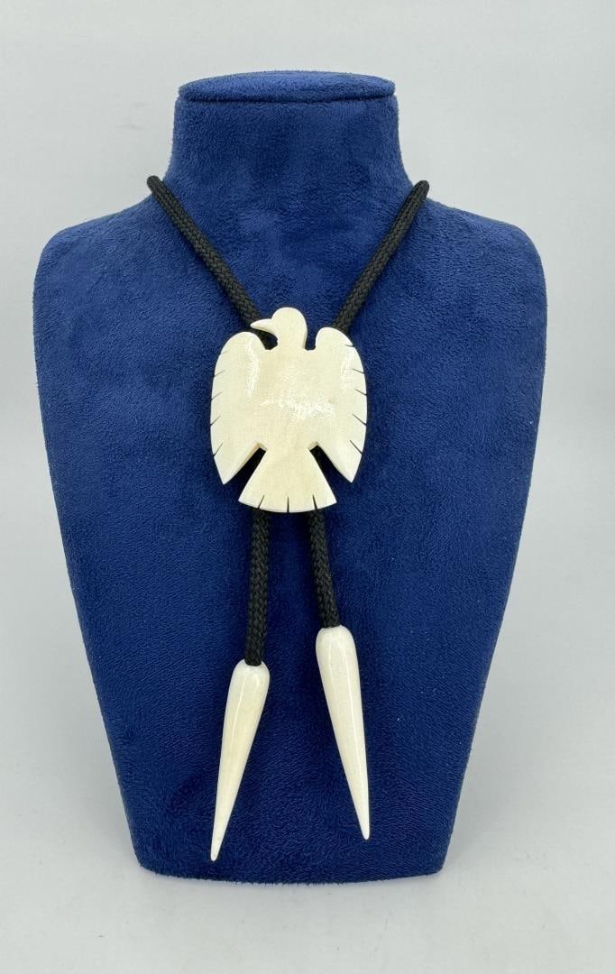 Alaskan Inuit Eskimo Bolo Tie: Carved Walrus Material. 19" long.