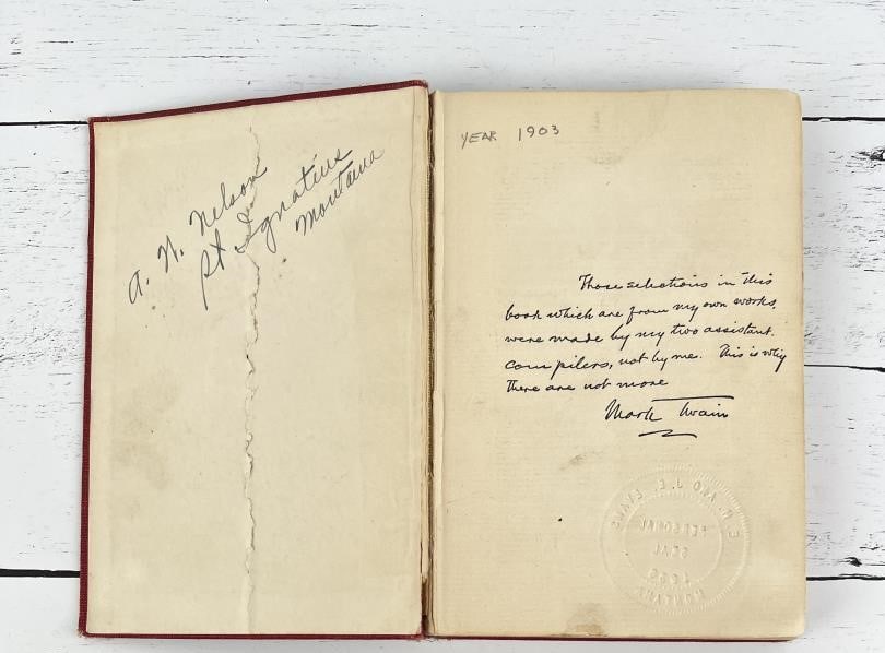 Mark Twain Masterpieces of Humor: Volume I. Missing the Copyright and Title Page. Facsimile inscription.