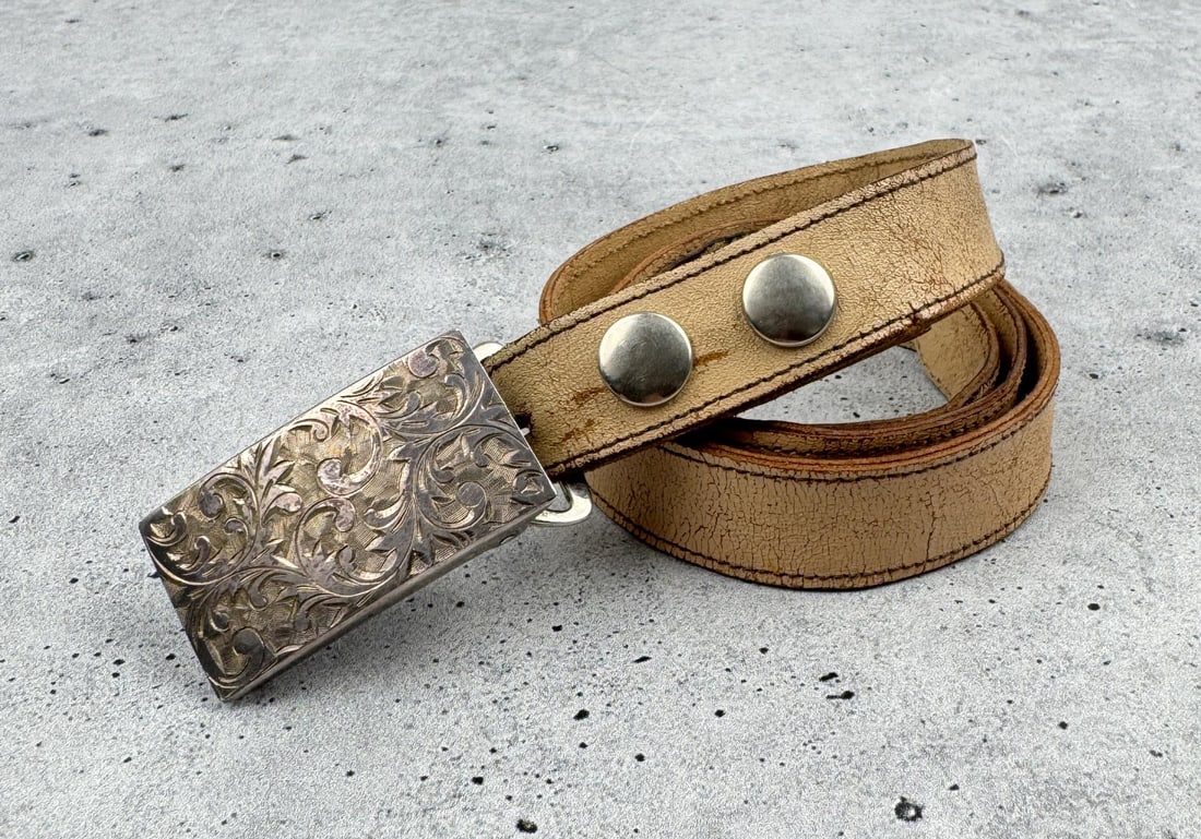 Engraved Sterling Silver Cowboy Belt Buckle: 32 3/4" long on belt.