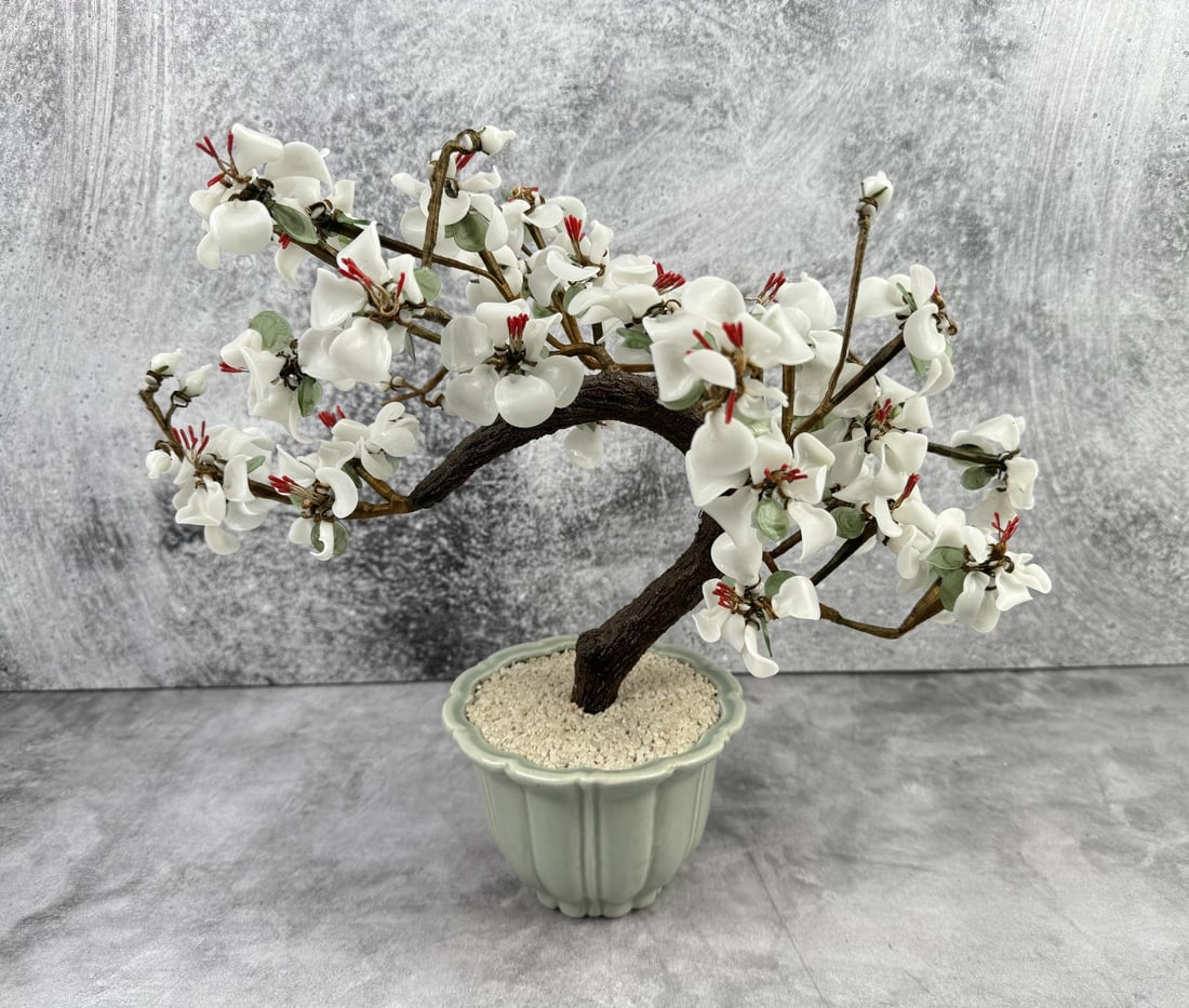 Chinese Peking Glass Jade Bonsai Tree: 15" by 13 1/4" by 9".