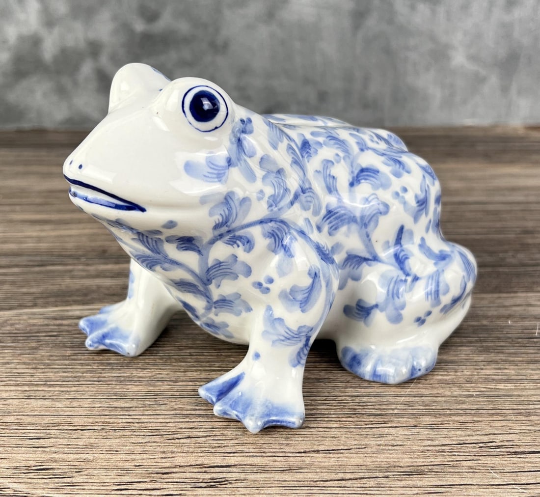 Blue & White Sadek Porcelain Frog Bank: 5 3/4" tall by 4 3/4" long by 3 3/4" wide.