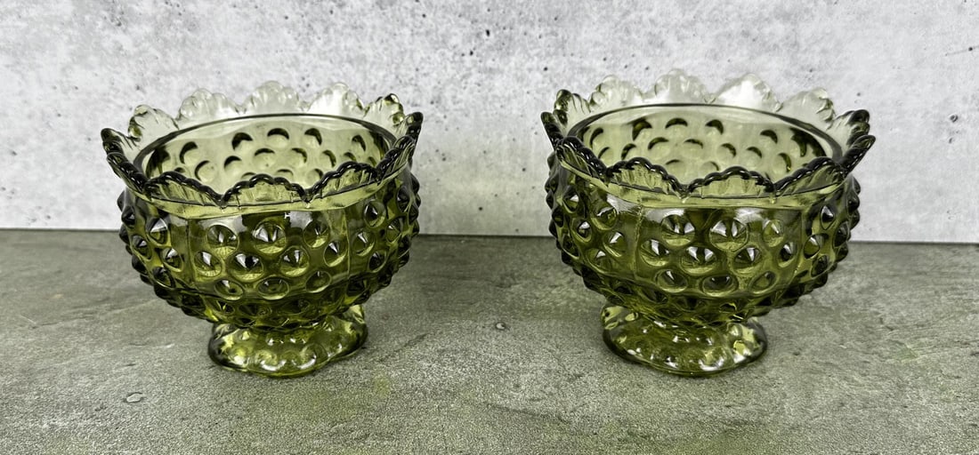 Pair of Fenton Glass Hobnail Candleholders: 3 1/4" tall by 4" in diameter