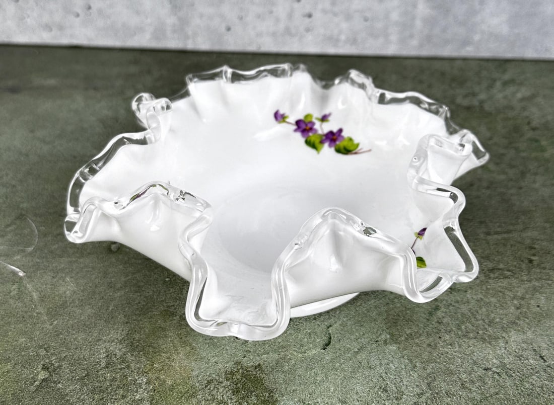 Fenton Glass Violets In The Snow Bowl: 2" tall by 6" in diameter.